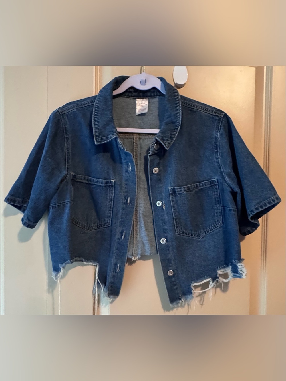 No Boundaries Dark Blue Cropped Distressed Jean Jacket